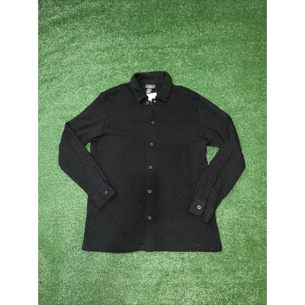 H&M Mens Crochet Shirt Black Medium‎ Long Sleeve Knit Summer Casu